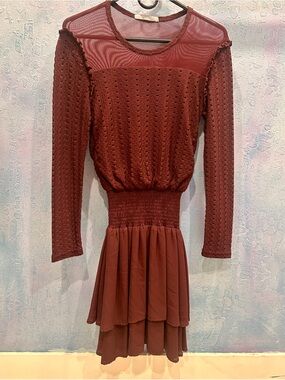 Octavia Long Sleeve Mesh & Tiered Dress in Rust